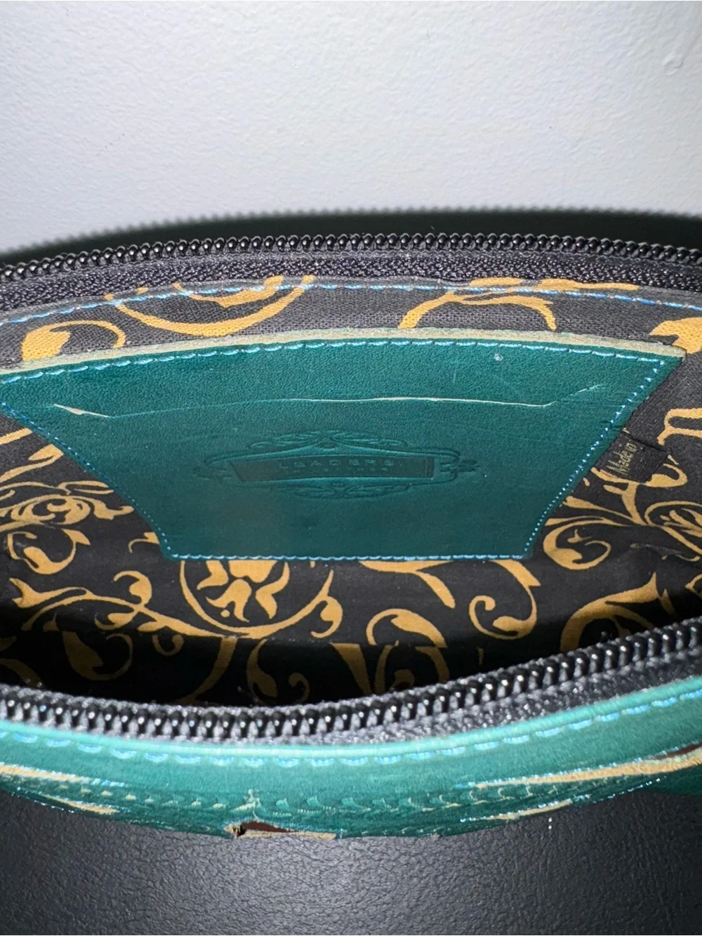 Leaders in Leather Crossbody Bag Green Hand-Tooled Floral Cutout Vintage